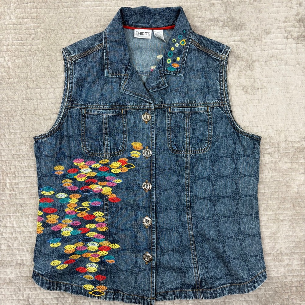 Chicos Denim Vest Womens 2 Blue Embroidered‎ Fish Scale Damask Print Cotton Boho
